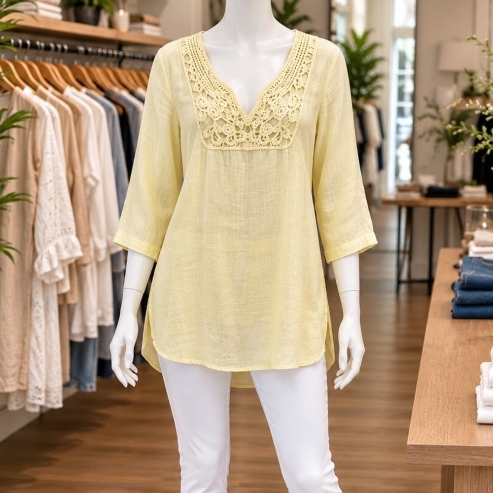 Malvin Womens Tunic Top Yellow 100% Linen Crochet Lace V-Neck Small